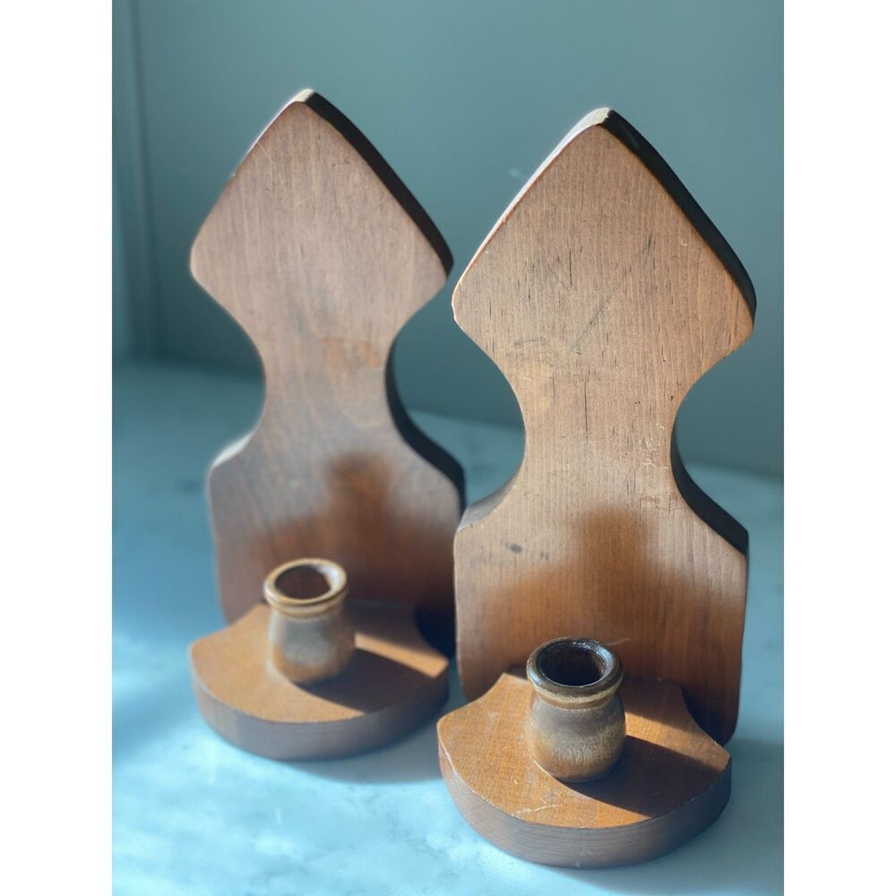 MCM  Vintage Wooden Candle Holders Sconce Pair, Mid Century- Fast Shipping